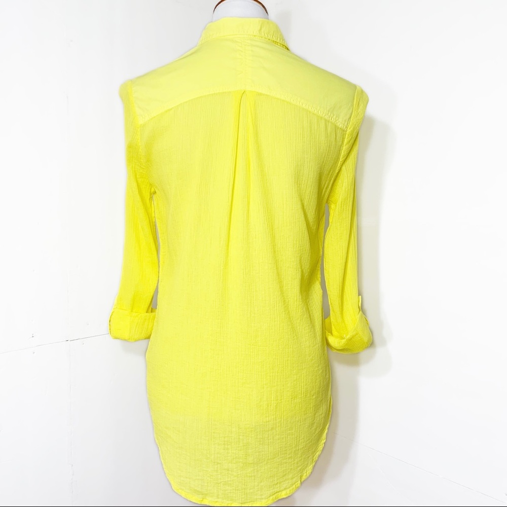SOLD-Anthropologie Crinkle Roll Sleeve Bright Yellow Buttondown Top - Picture 3 of 9